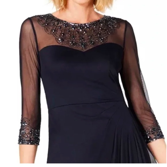 Alex Evenings Illusion Embellished 3/4 Sleeve Ruched A-Line Gown in Dark Navy - Picture 5 of 9